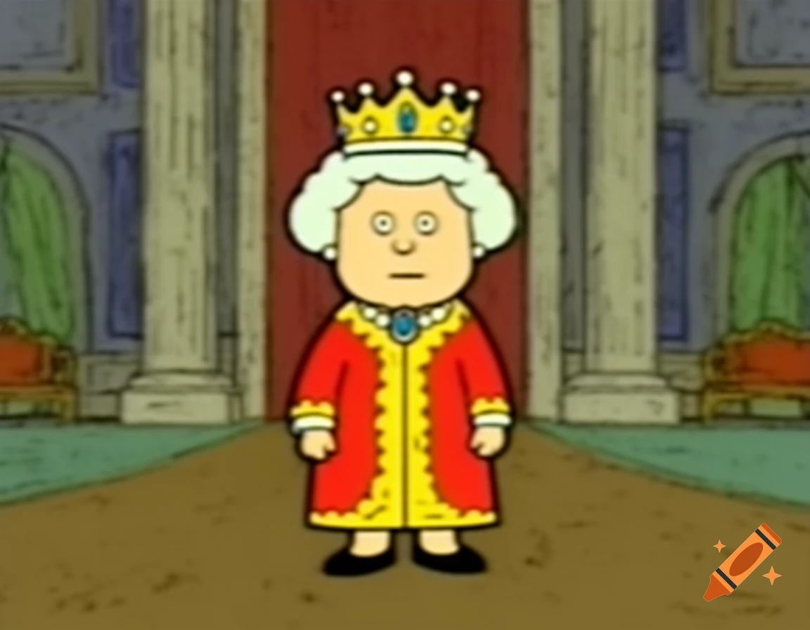 South Park style cartoon of Queen Elizabeth II in a grand palace hallway.