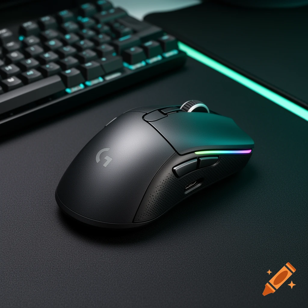 Photorealistic close-up of a black wireless gaming mouse with RGB lighting on a desk next to a mechanical keyboard.