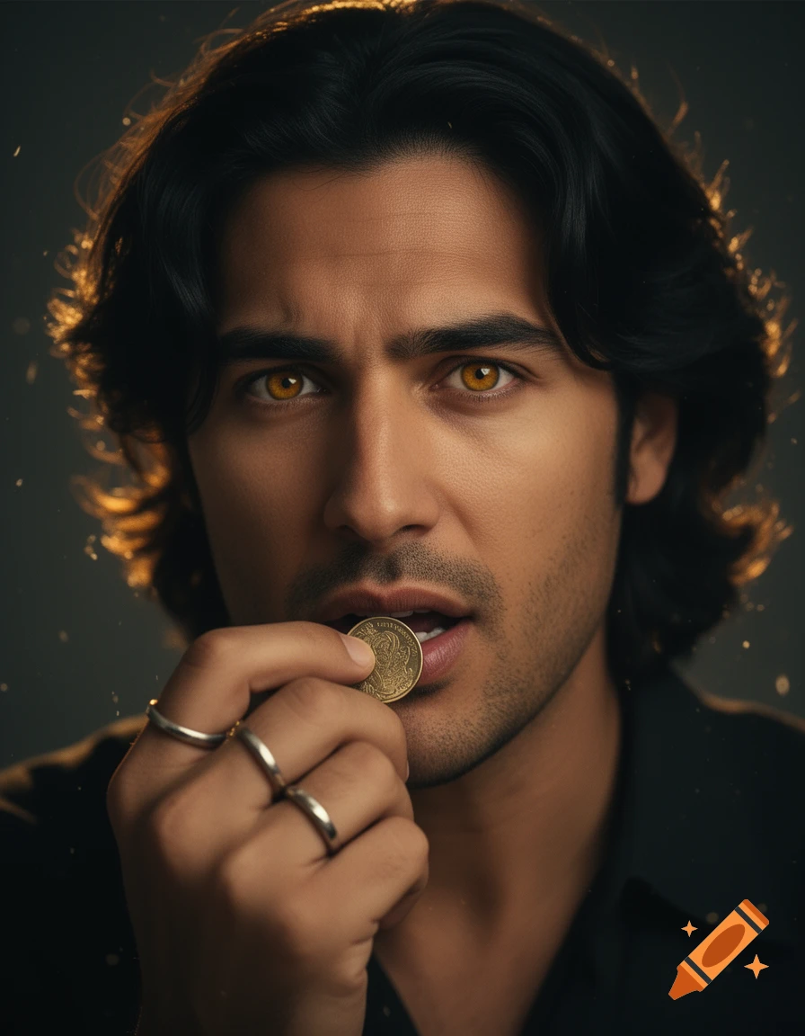 Photorealistic close-up portrait of a man with medium black wavy hair, honey-colored eyes, and rings on his fingers, biting a coin.