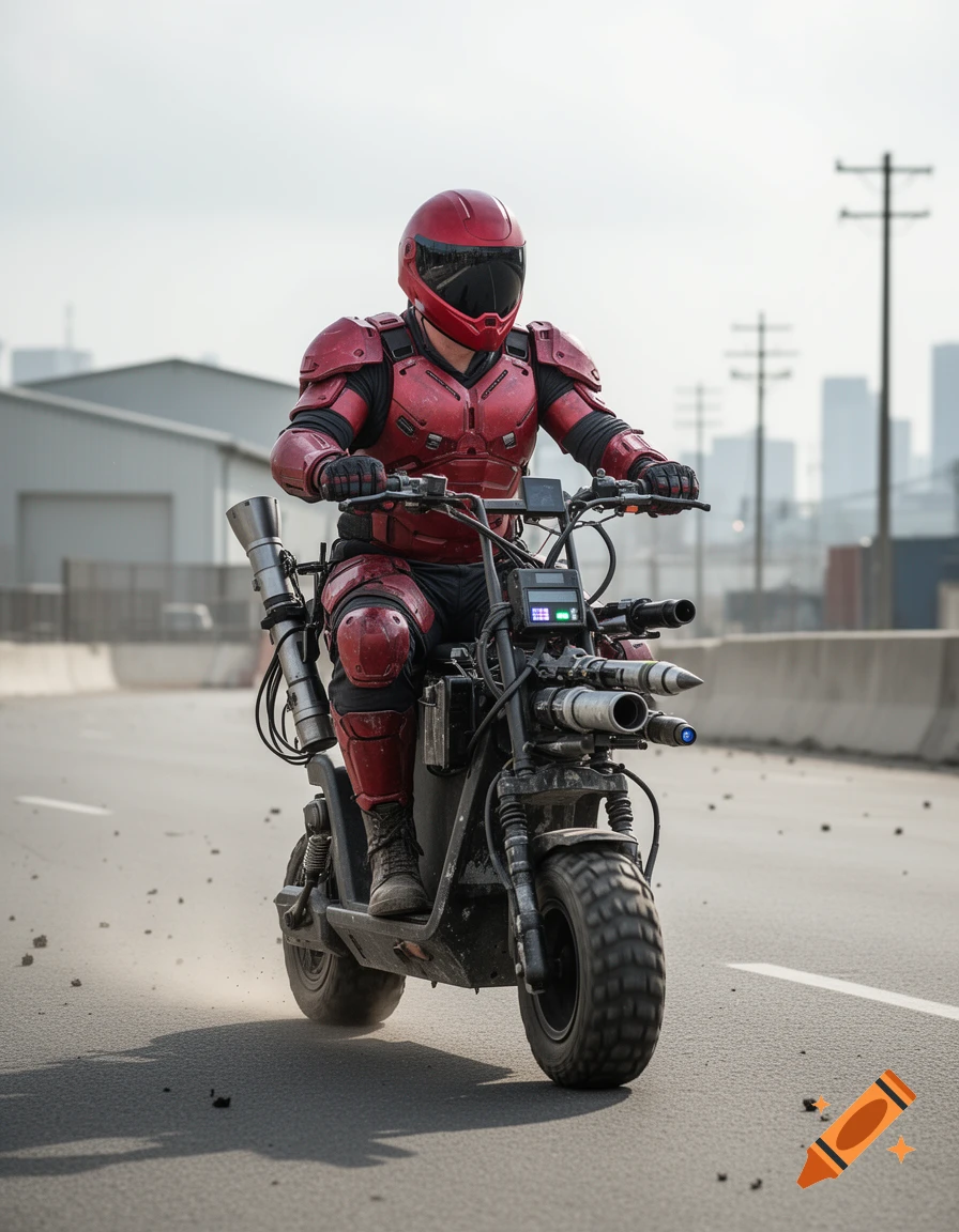 A person in red tactical armor and a red helmet riding an e-scooter outfitted with mock missiles and cannons on an empty highway.