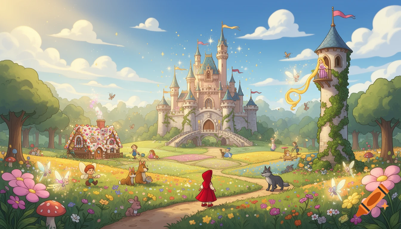 Cartoon illustration of a fairyland landscape with a grand castle, gingerbread house, tower with Rapunzel, and Little Red Riding Hood.
