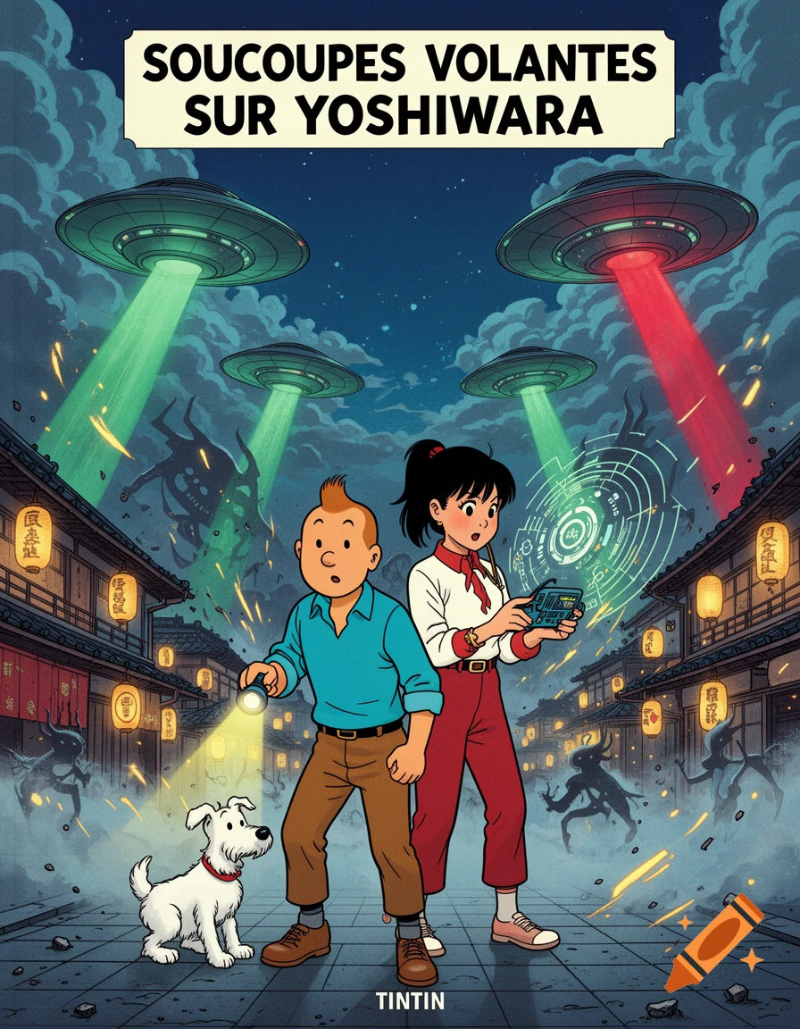 Comic book cover featuring Tintin and Yoko Tsuno with flying saucers over a street in Yoshiwara, in the style of Hergé.