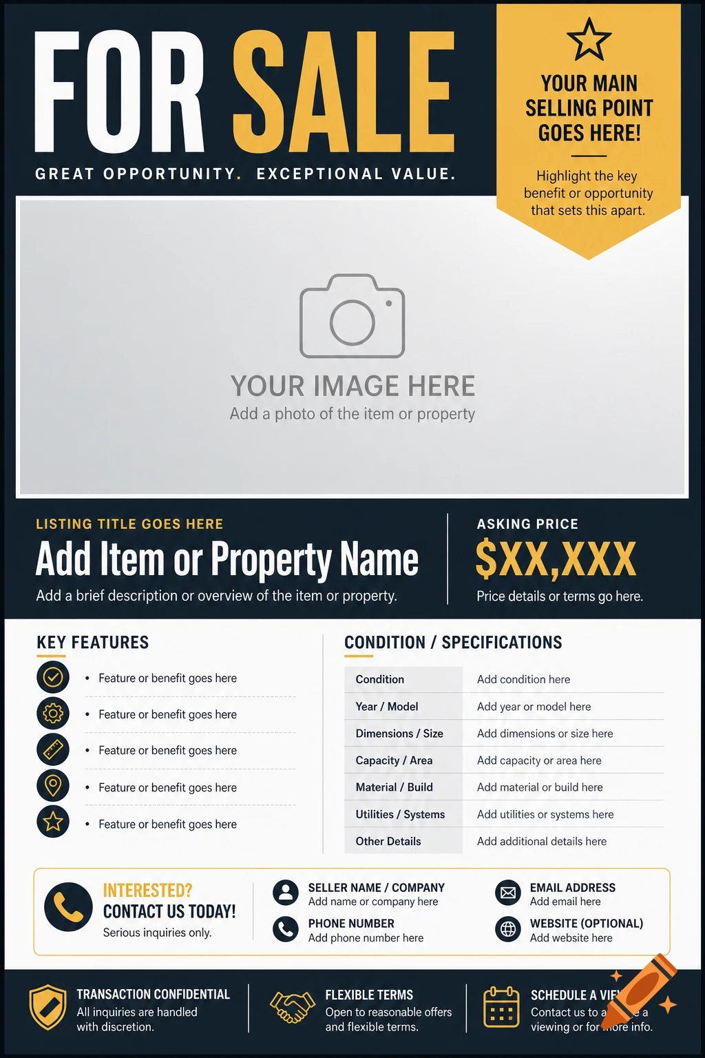 A clean, modern for sale listing flyer template with placeholders for images, prices, features, and contact details.