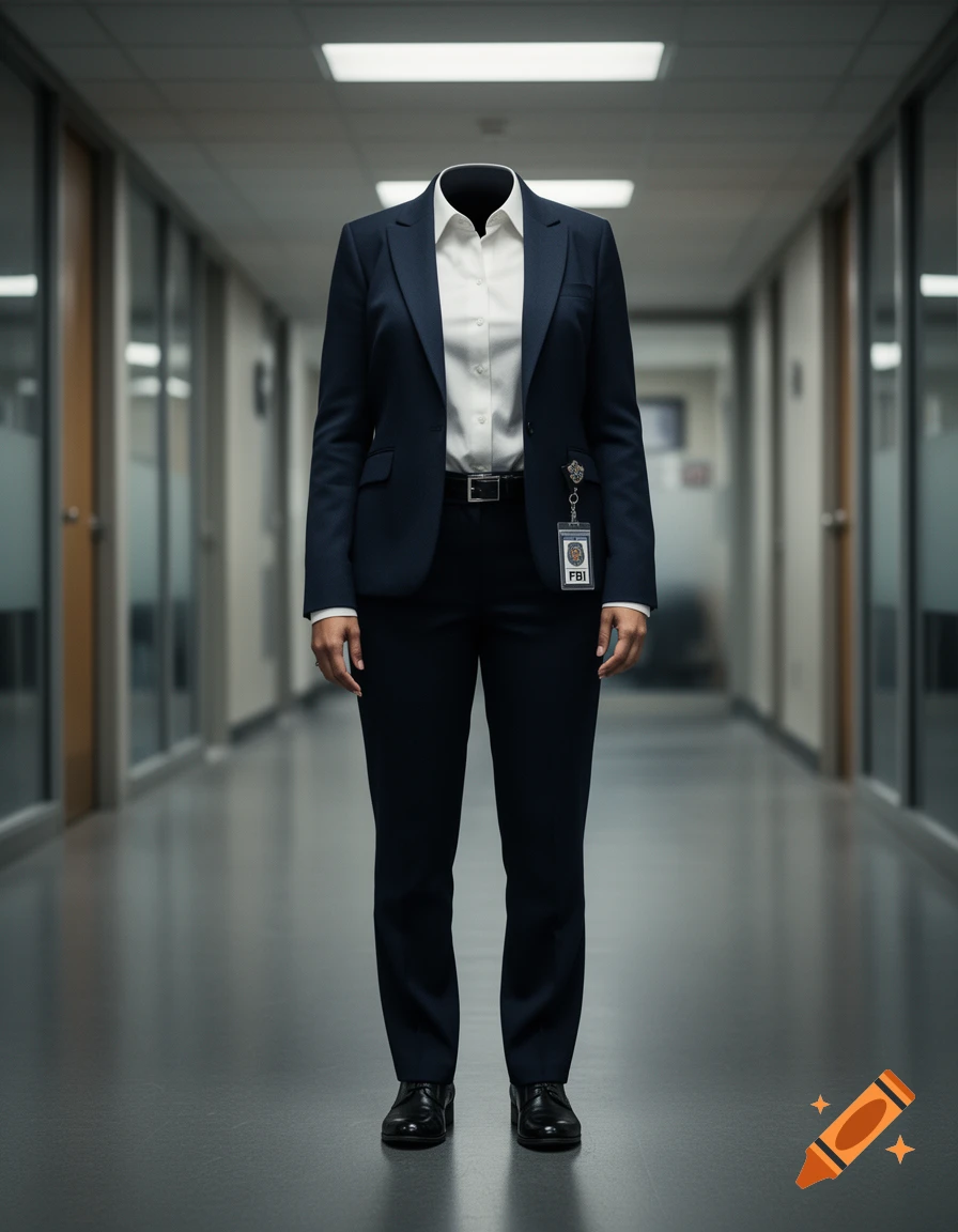 A headless female FBI agent in a dark blue suit standing in a hallway, photorealistic.
