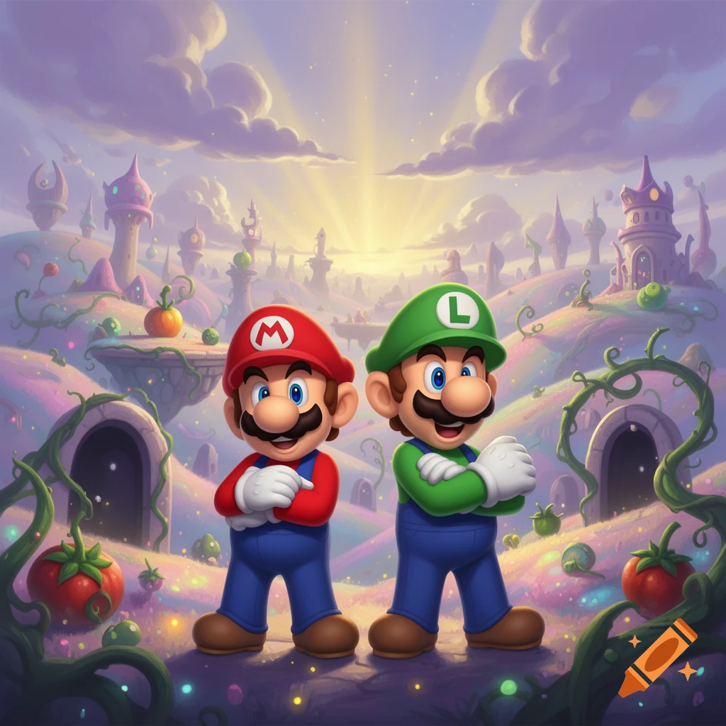 Digital illustration of Mario and Luigi standing with crossed arms in a surreal landscape with hills and castle towers.