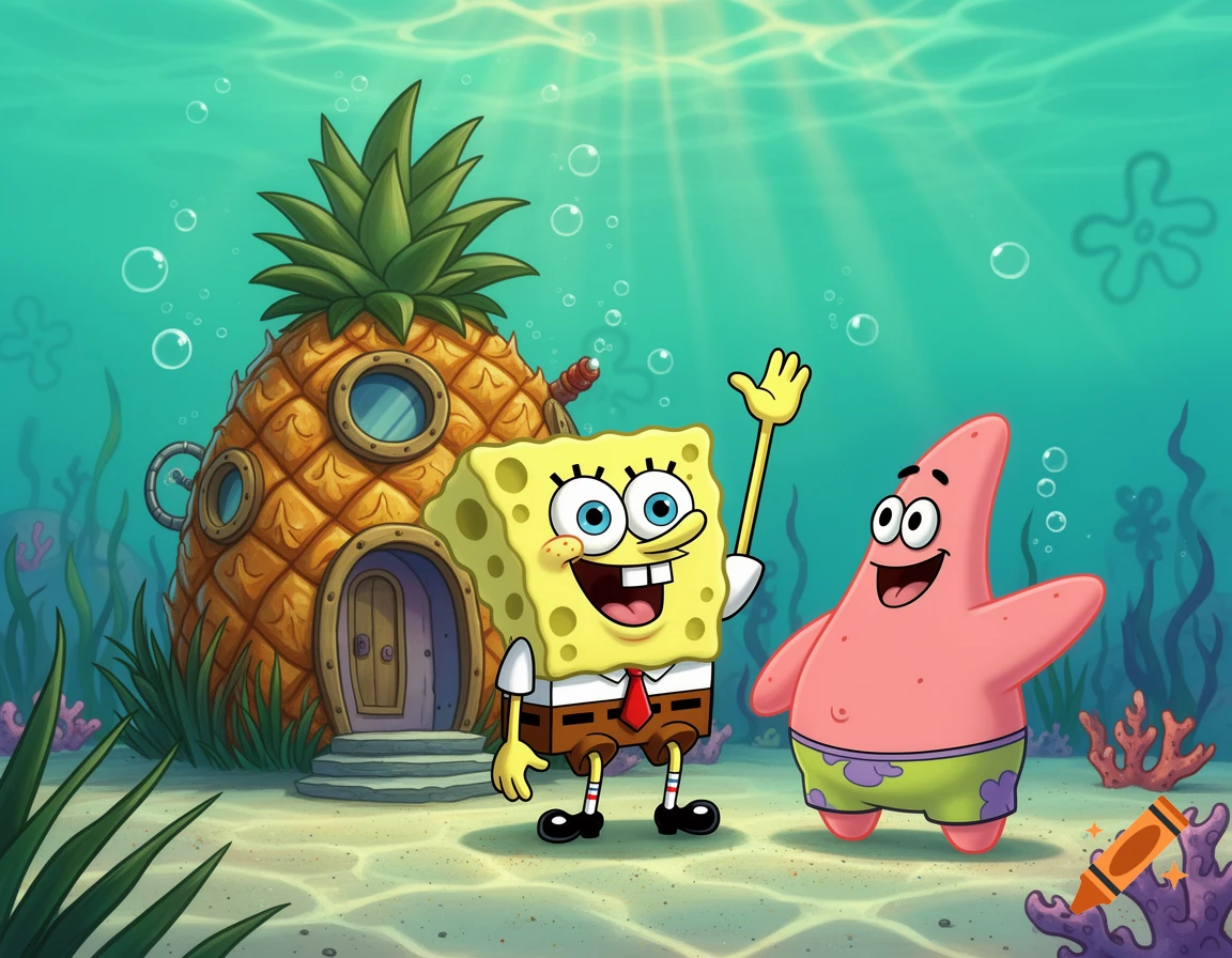Spongebob SquarePants and Patrick Star waving in front of the pineapple house underwater, digital cartoon style.