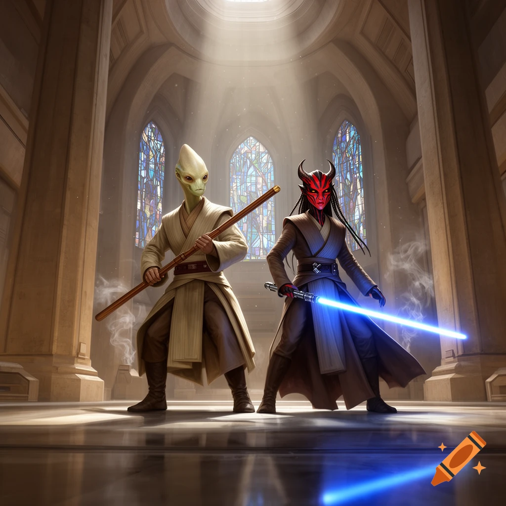 Two Jedi padawans, a Cerean man with a staff and a Dathomirian woman with a blue lightsaber, standing in a grand temple.