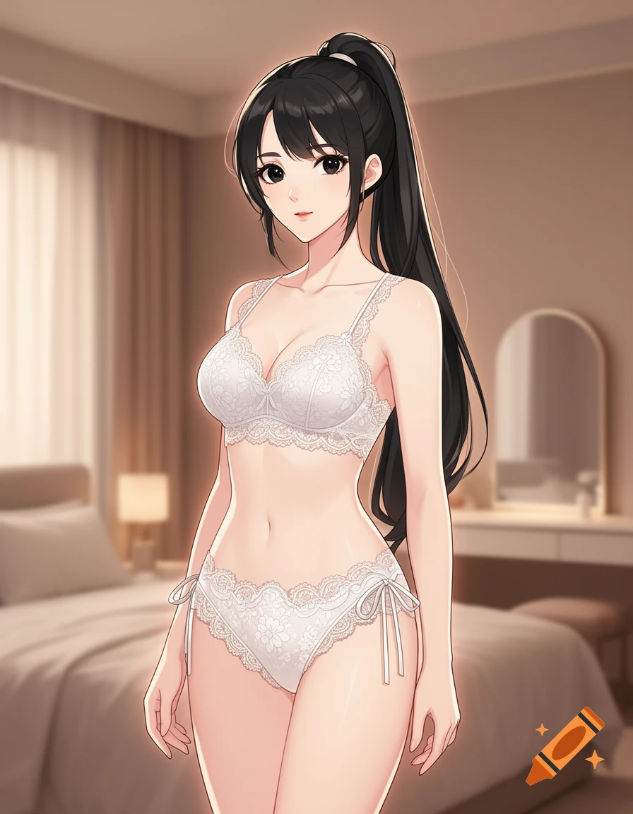Anime style illustration of a young woman with a high ponytail wearing white lace underwear in a bedroom.