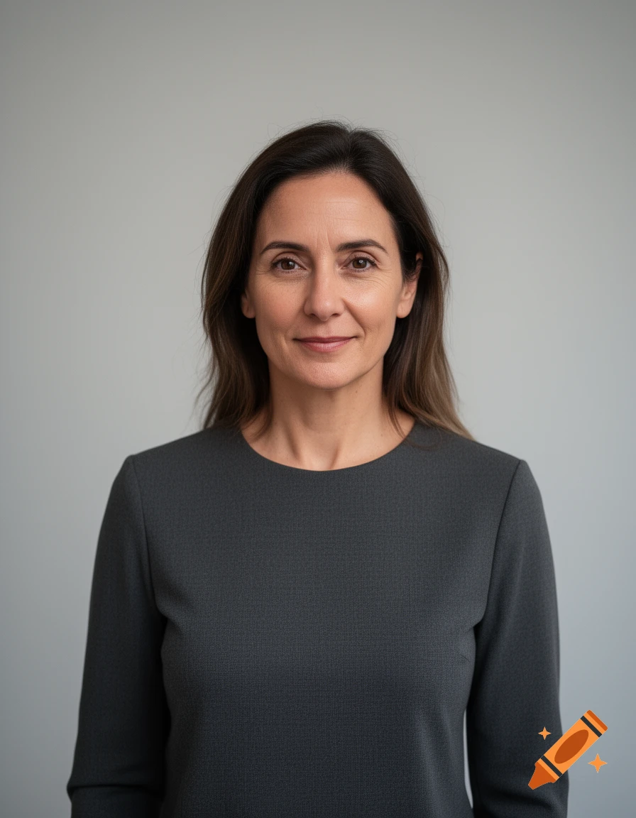 Photorealistic portrait of a middle-aged woman with dark hair and a neutral expression, wearing a dark grey top against a grey background.