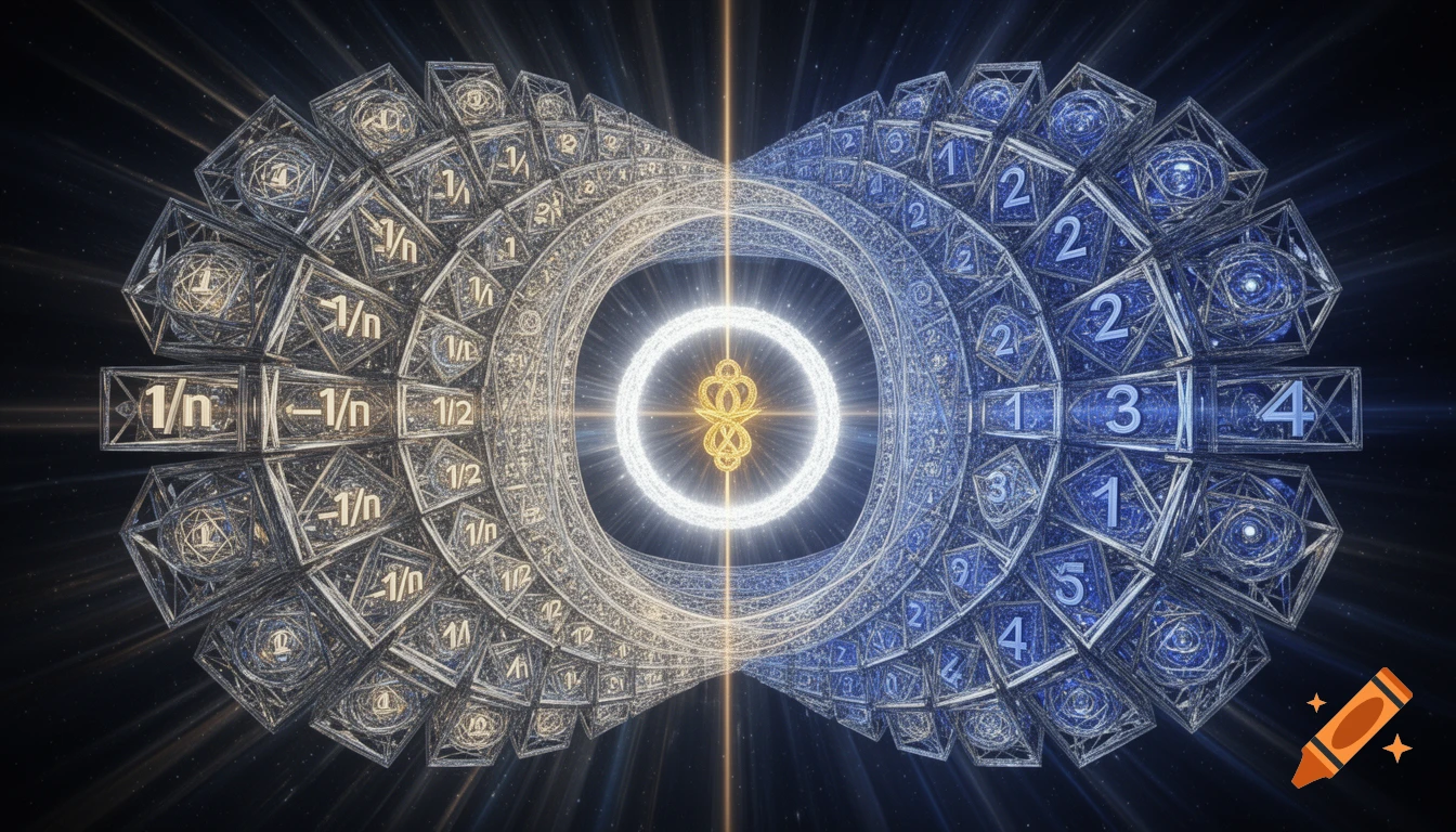 Complex multi-dimensional mathematical visualization with glowing fractions and geometric crystal lattices.