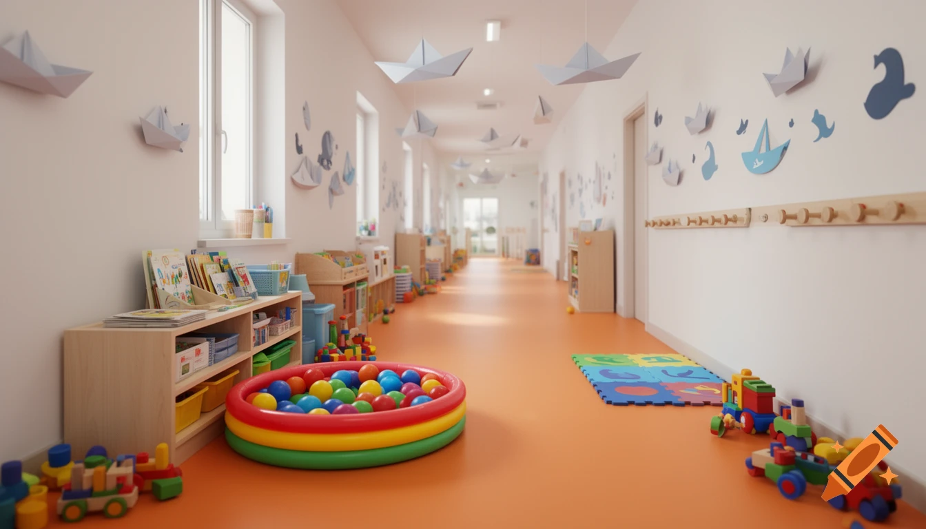 Photorealistic long narrow daycare hallway with an orange floor, colorful toys, a small ball pit, and paper boats hanging from the ceiling.