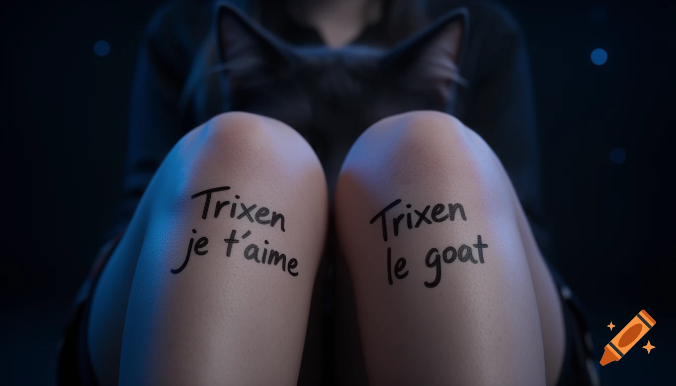 Close-up of thighs with French text written on them, featuring a dark blue atmosphere with cat ears in the background.