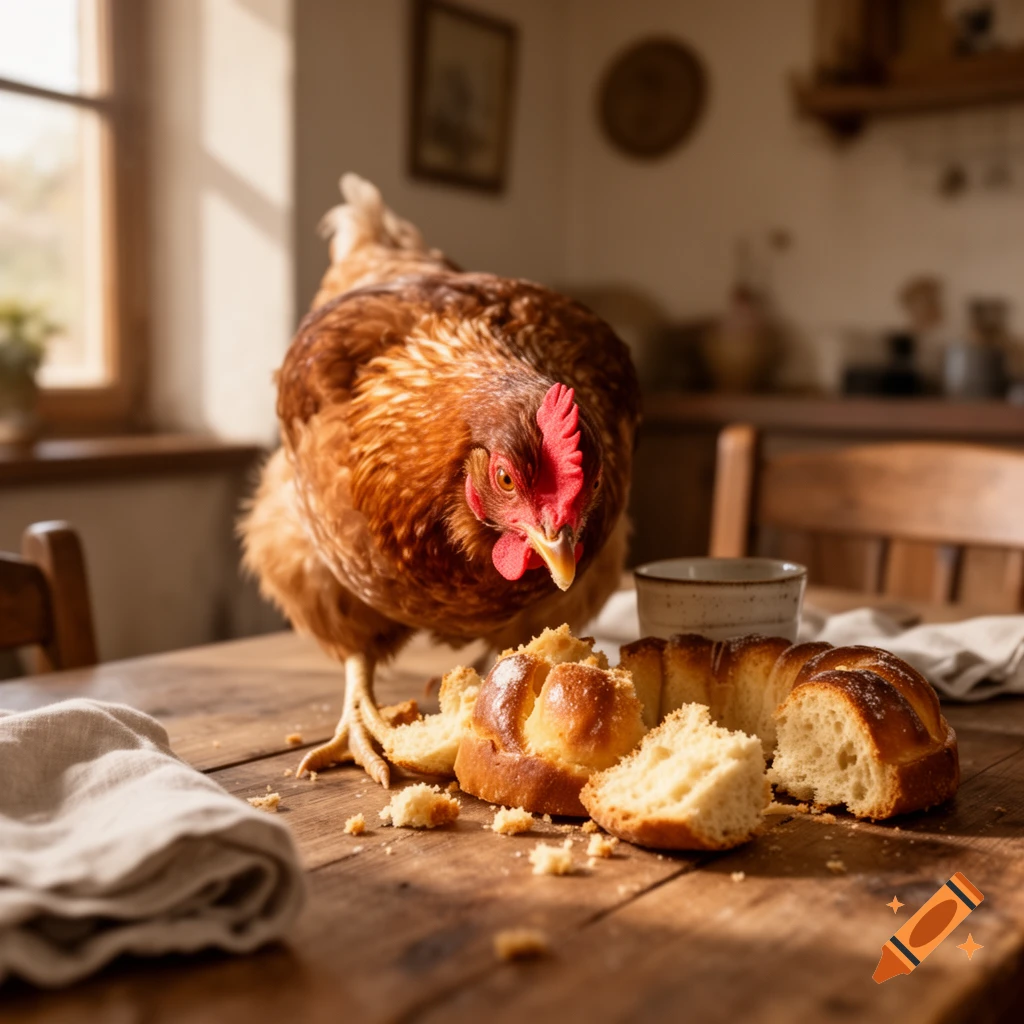 A brown chicken pecks at pieces of kougelhopf pastry on a wooden kitchen table.