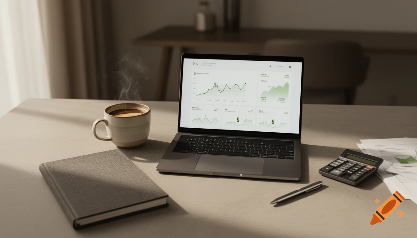 Photorealistic desk setup with laptop showing financial charts, a cup of coffee, a notebook, a pen, and a calculator.