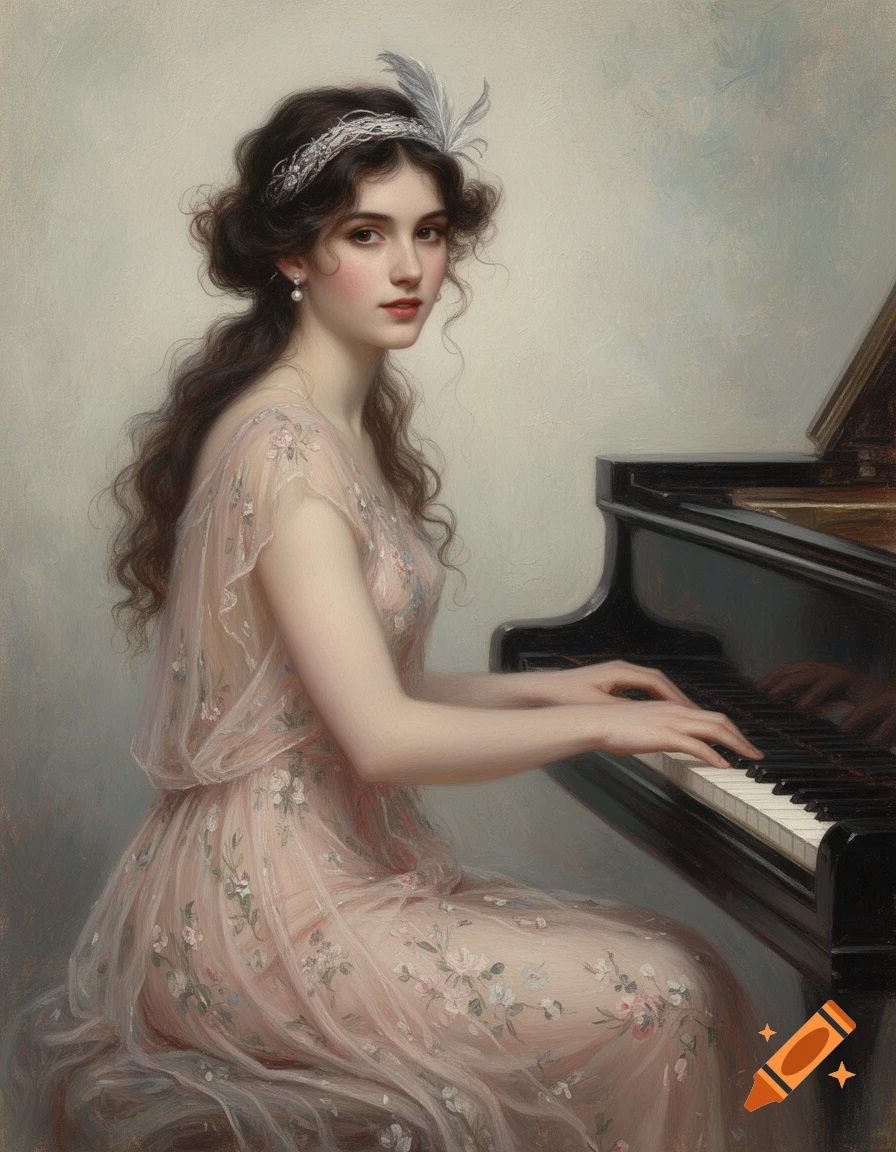 Impressionist painting of a young woman in a pink chiffon dress playing a grand piano, vintage style.