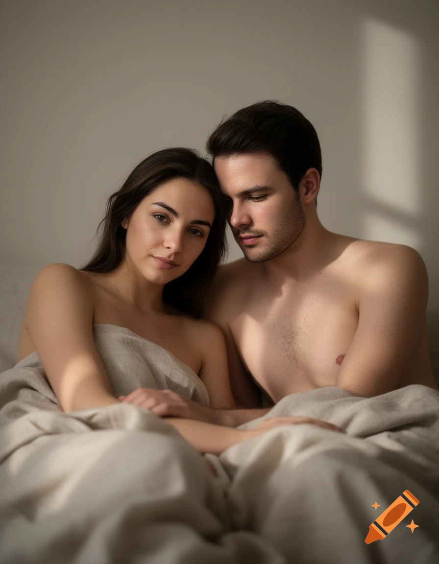 A man and a woman in bed, partially covered with a grey blanket, in a softly lit room.