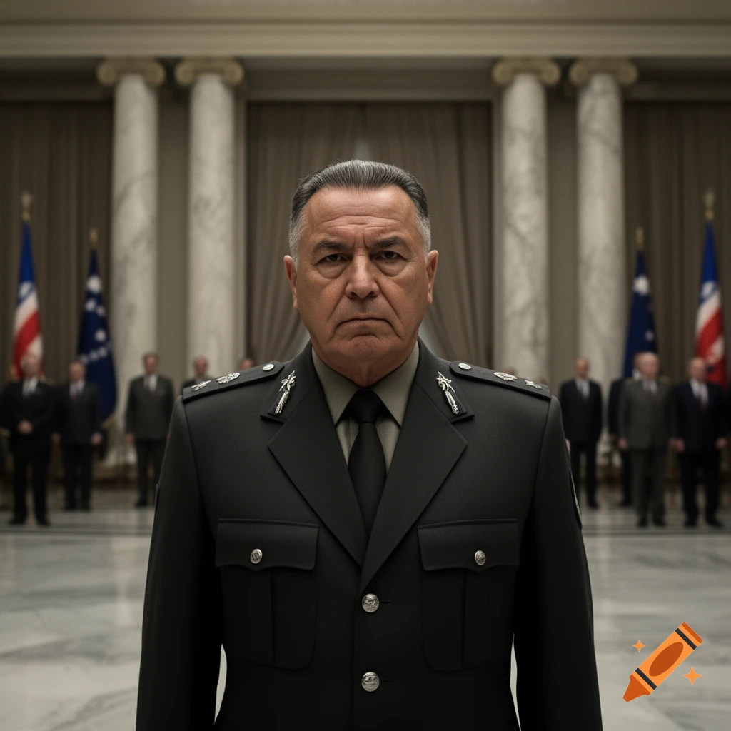 Photorealistic portrait of a stern military dictator in a uniform, standing in a grand hall with pillars.