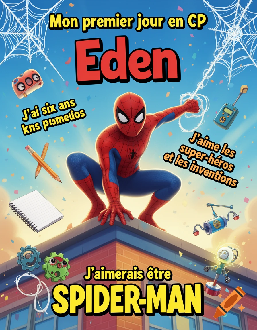 Comic style poster for back to school featuring Spider-Man crouching on a rooftop with French text.