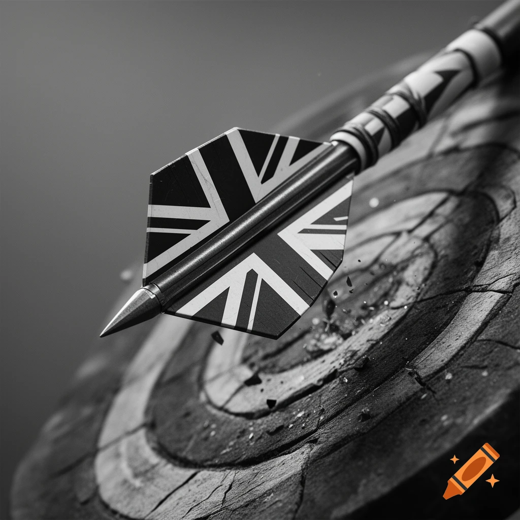 Close-up black and white photo of a dart with a UK flag pattern hitting a wooden dartboard.