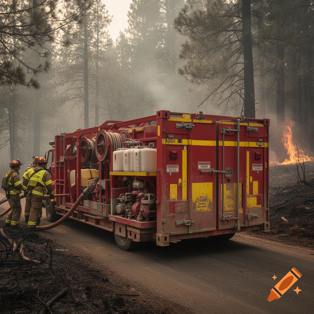 Photorealistic scene of firefighters working next to a red forest firefighting container truck on a smoky dirt road.