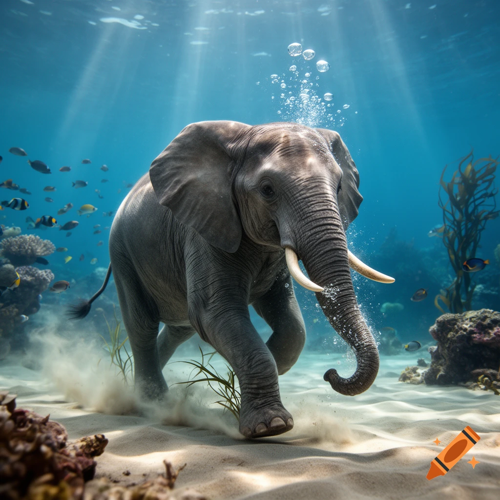 An elephant running across the sandy ocean floor surrounded by fish, coral, and air bubbles.