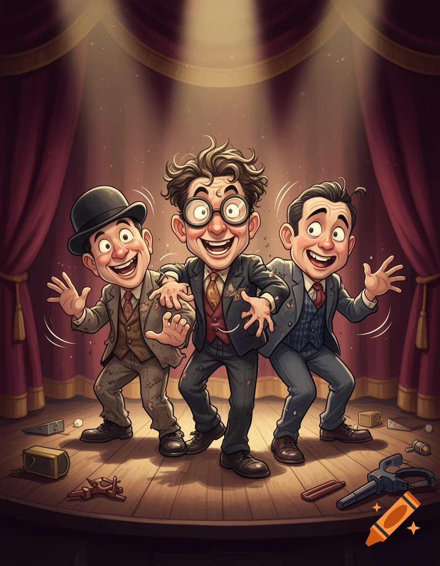 Cartoon illustration of the Three Stooges performing on a stage with red curtains and spotlights.