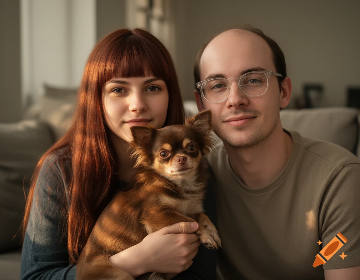Photorealistic portrait of a couple with a small brown Chihuahua dog.