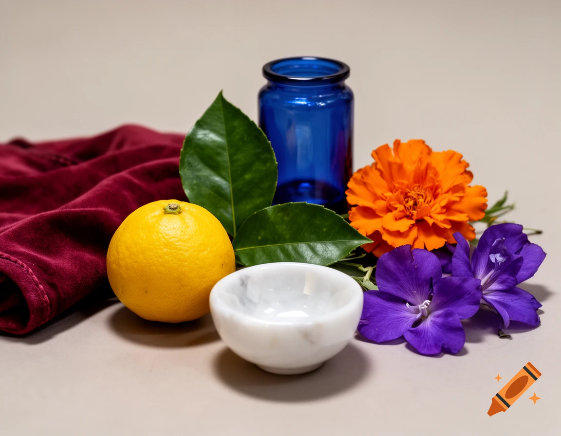 Still life photography of a yellow lemon, a blue glass jar, a white marble bowl, green leaves, and orange and purple flowers on a fabric cloth.