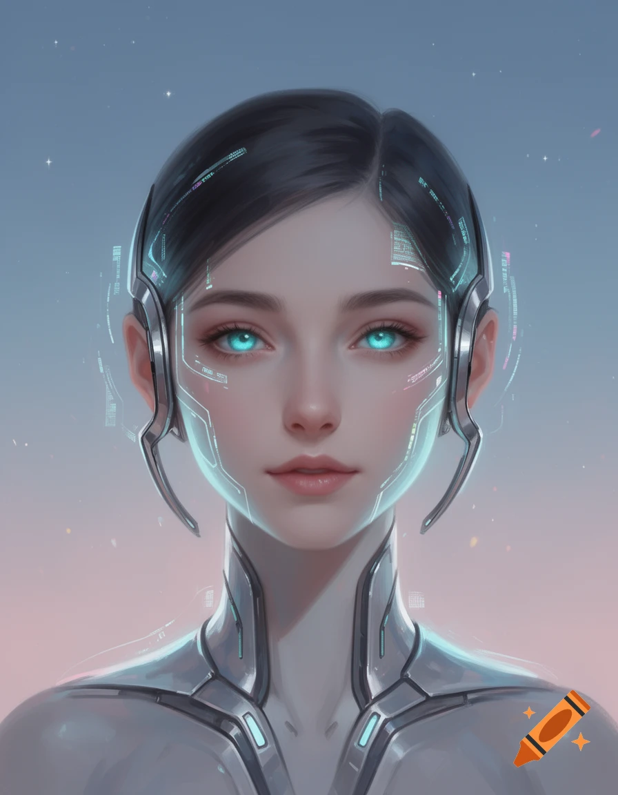 Digital art portrait of a futuristic AI woman with glowing blue eyes, chrome accents, and a dreamy night-sky background.