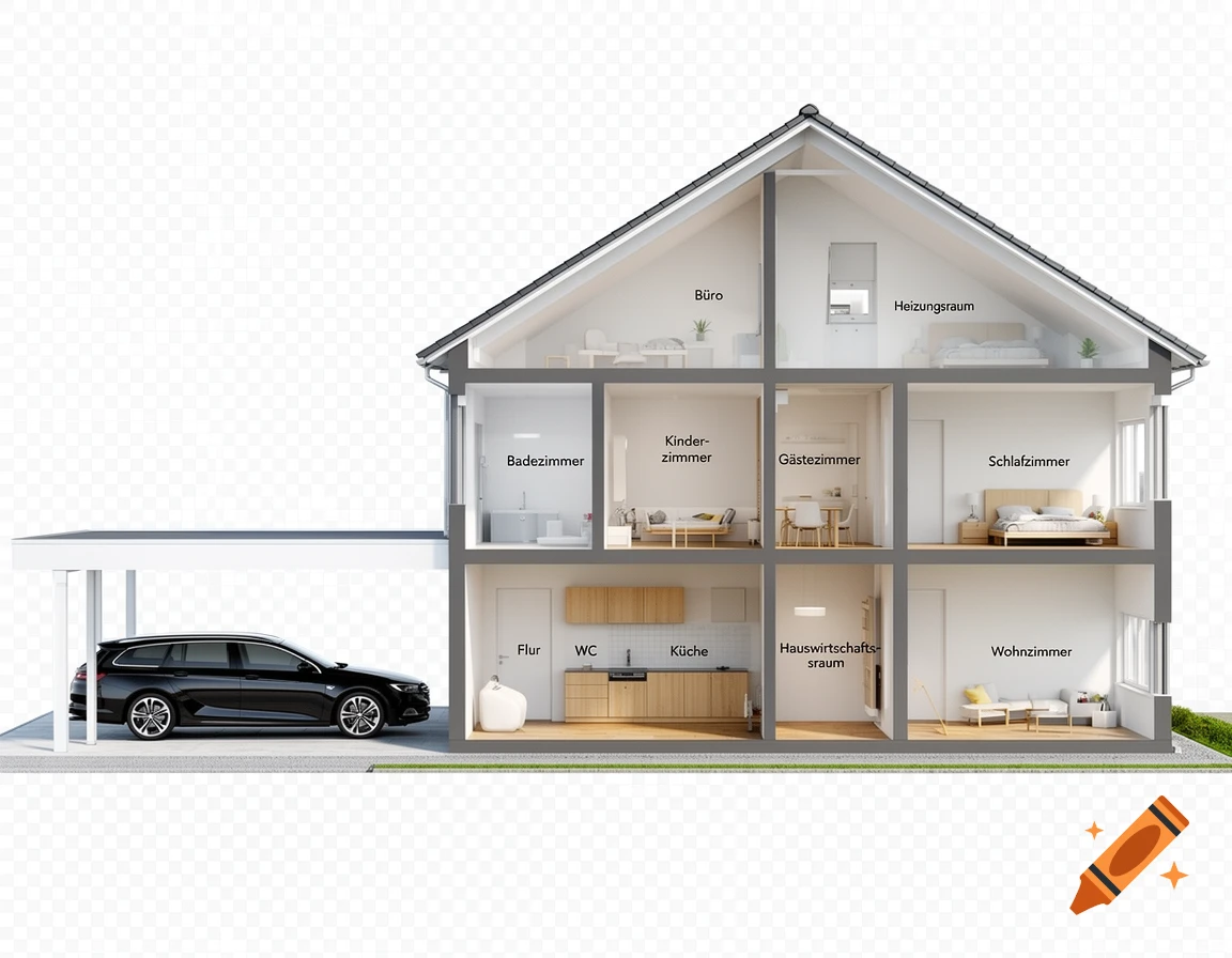 Architectural cutaway view of a modern three-story house with rooms labeled in German, and a carport with a black car outside.