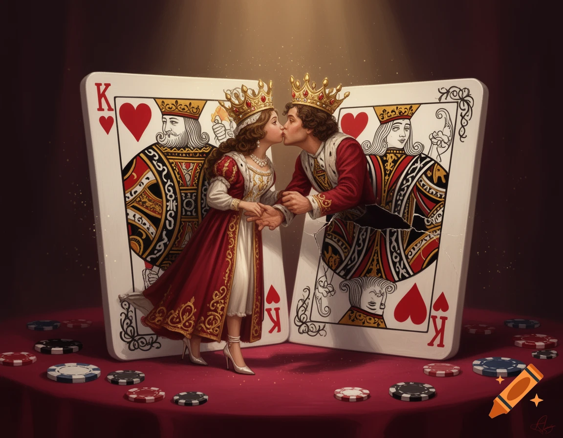 King and queen of hearts card characters stepping out of their cards to kiss, fantasy digital art on poker table.