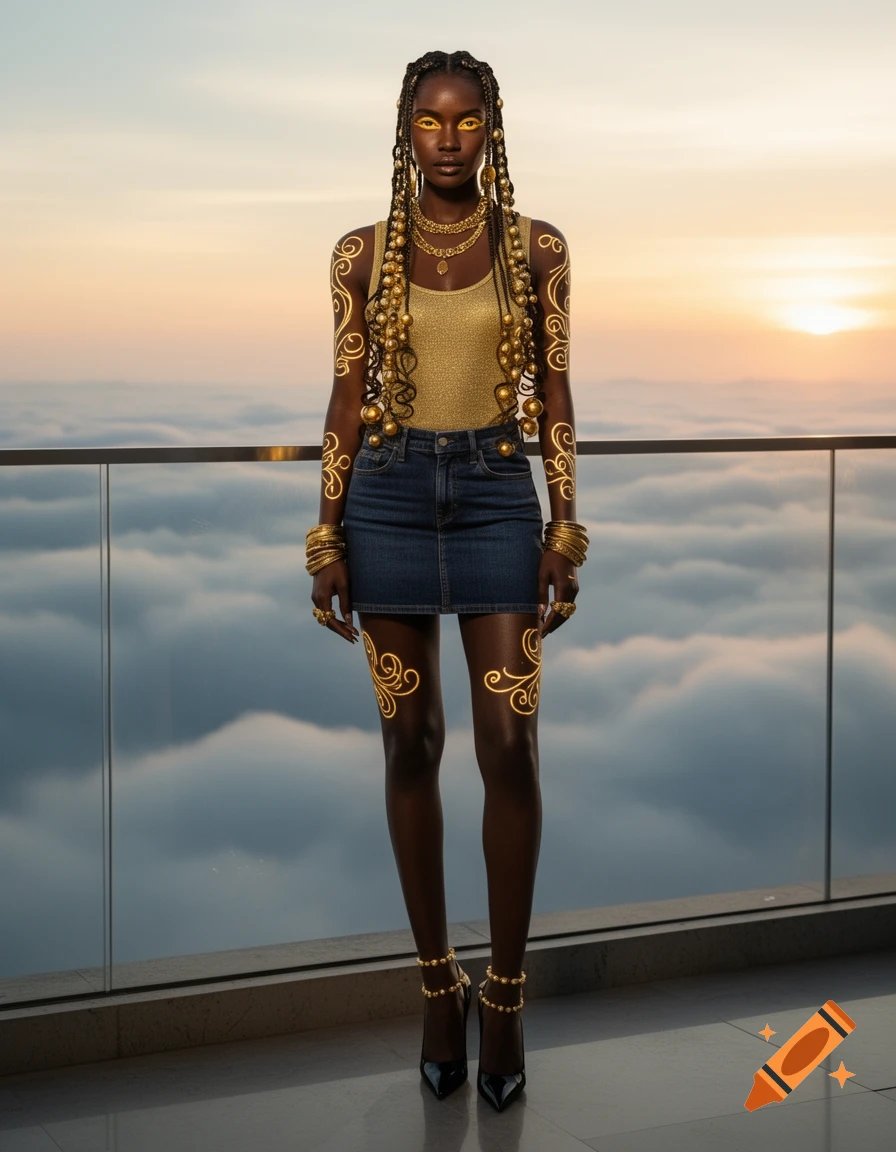 Photorealistic full-length portrait of a dark-skinned woman with braids, golden makeup, and glowing tattoos on a balcony above clouds.