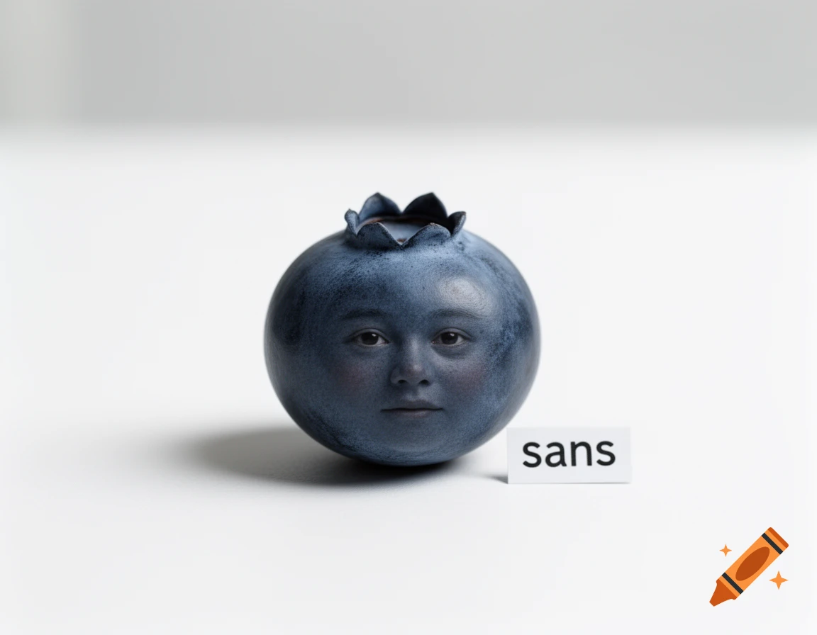 A photorealistic blueberry with a human face on a white surface, next to a small label that says 'sans'.