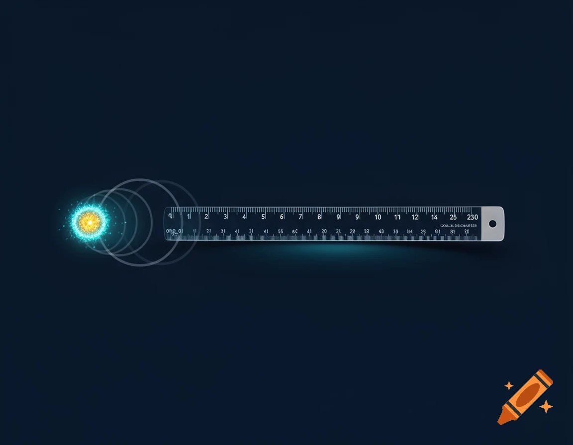 Digital illustration of a glowing atomic particle emitting wave rings next to a transparent ruler on a dark blue background.