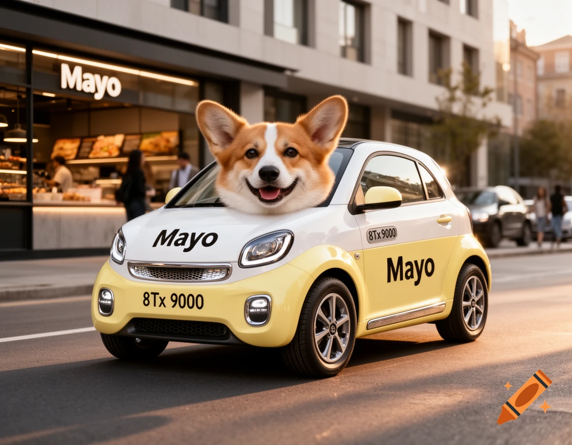 A smiling corgi driving a custom white and yellow Mayo-branded compact car down a city street.
