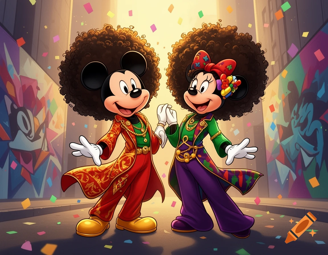 Digital illustration of Mickey and Minnie Mouse with large afro hairstyles wearing colorful outfits, standing on a city street amid confetti.