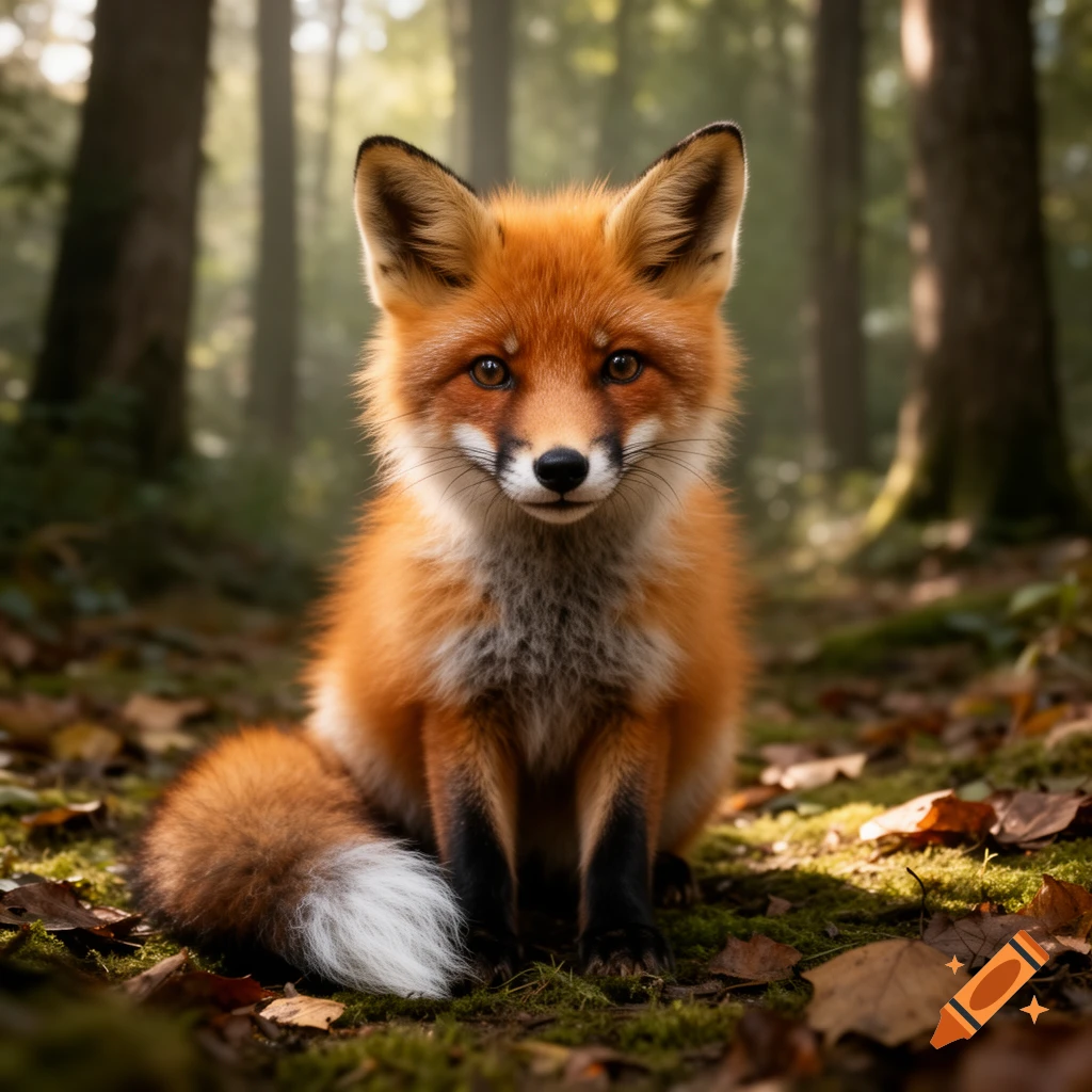 A cute red fox sitting on the mossy forest floor among autumn leaves, photorealistic style.