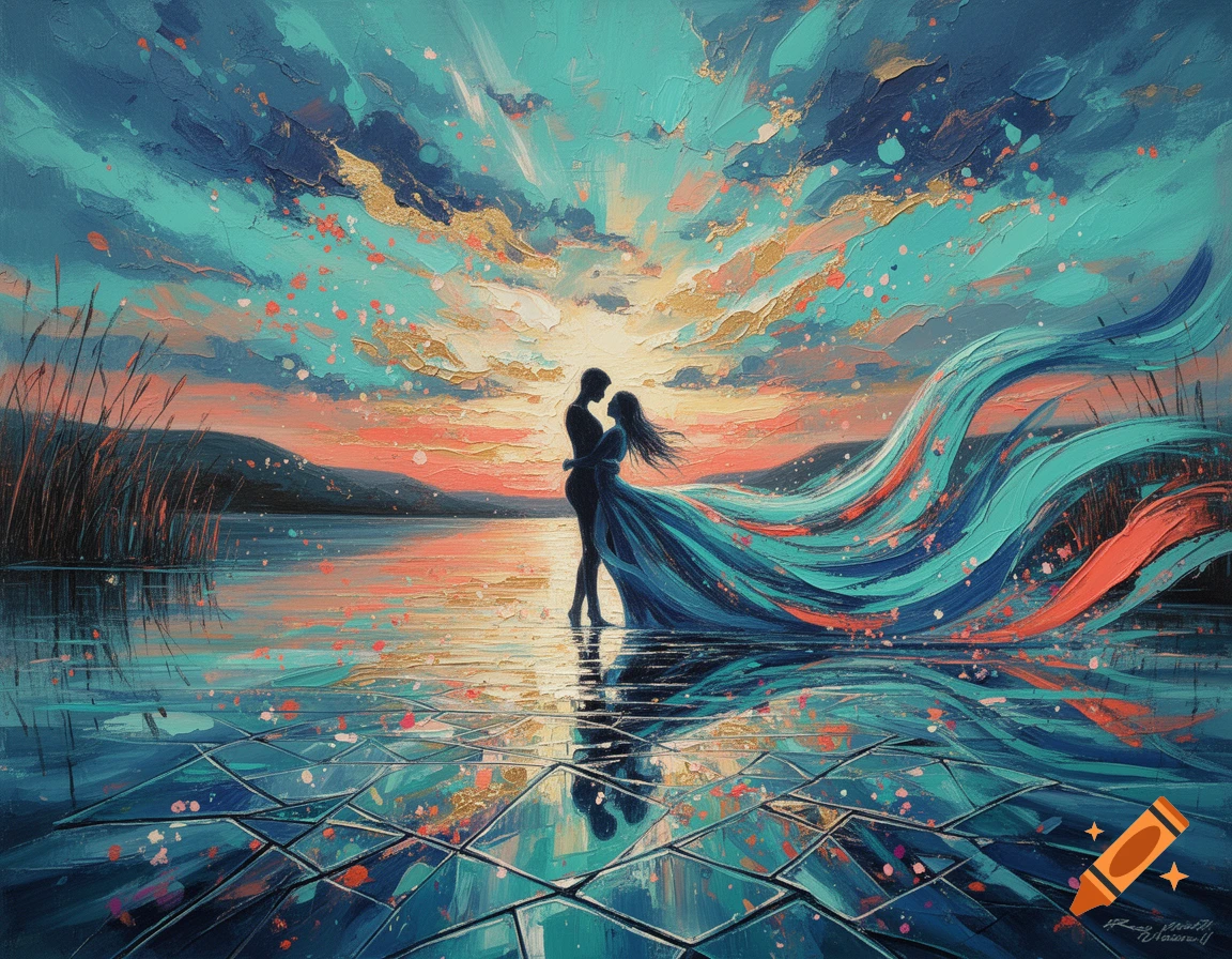An abstract oil painting of a couple embracing by a reflective body of water under a colorful sunset sky.