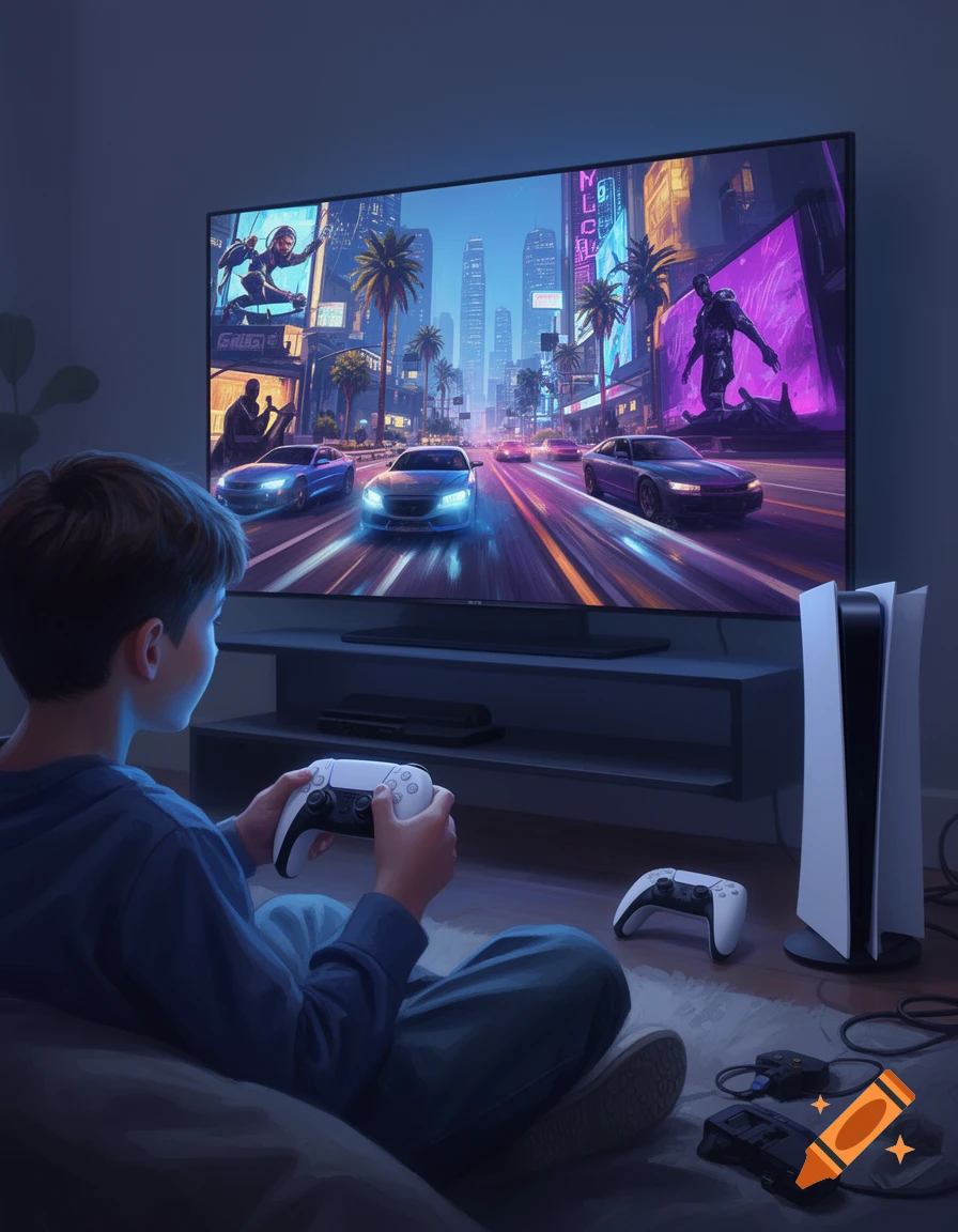 A young child sitting on the floor playing a video game on a large television screen using a white wireless controller.