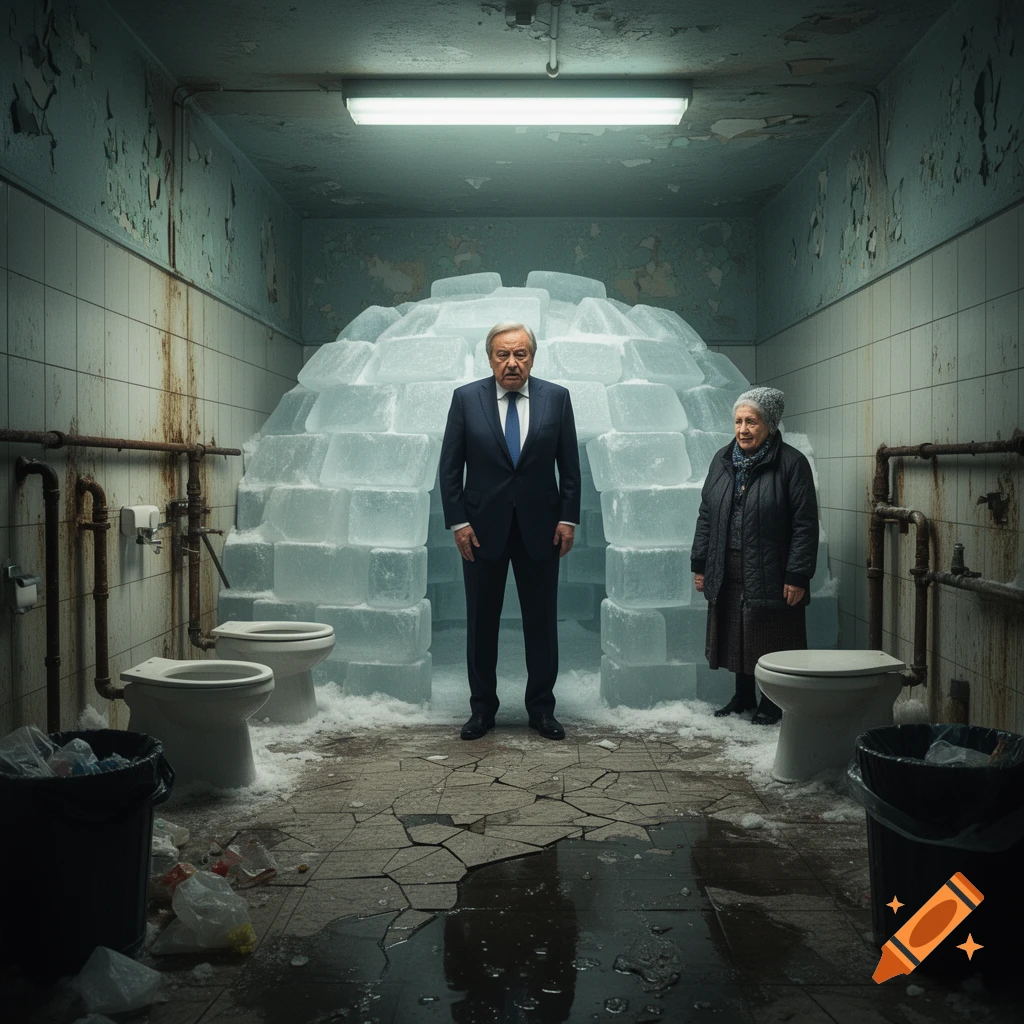 Photorealistic image of a man in a suit and an older woman standing in a filthy public restroom in front of a large ice igloo.