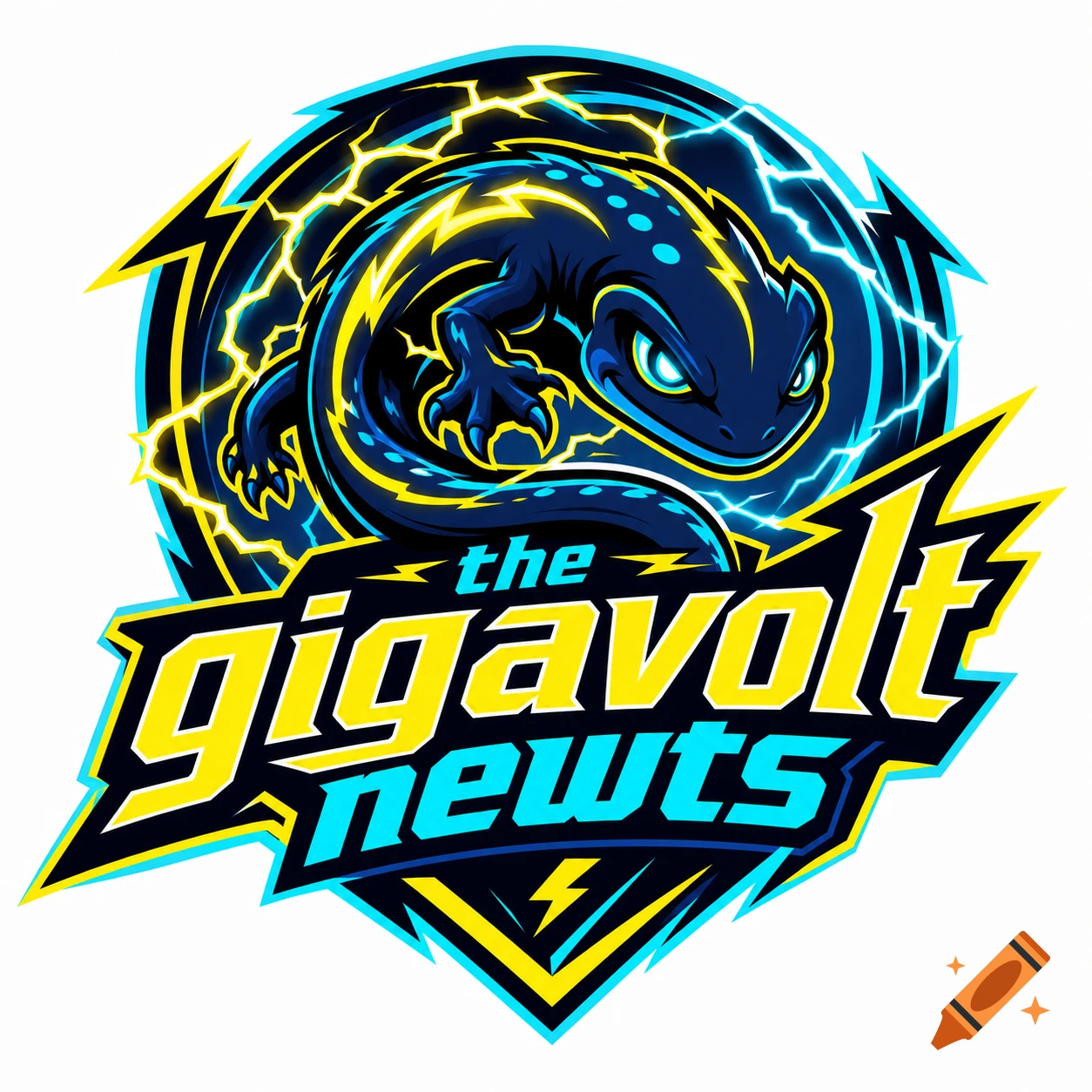 Esports style team logo featuring a blue newt surrounded by lightning and the text 'the gigavolt newts'.