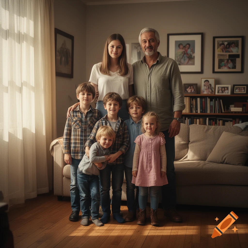 Photorealistic family portrait of a father, mother, and five children standing together in a living room.