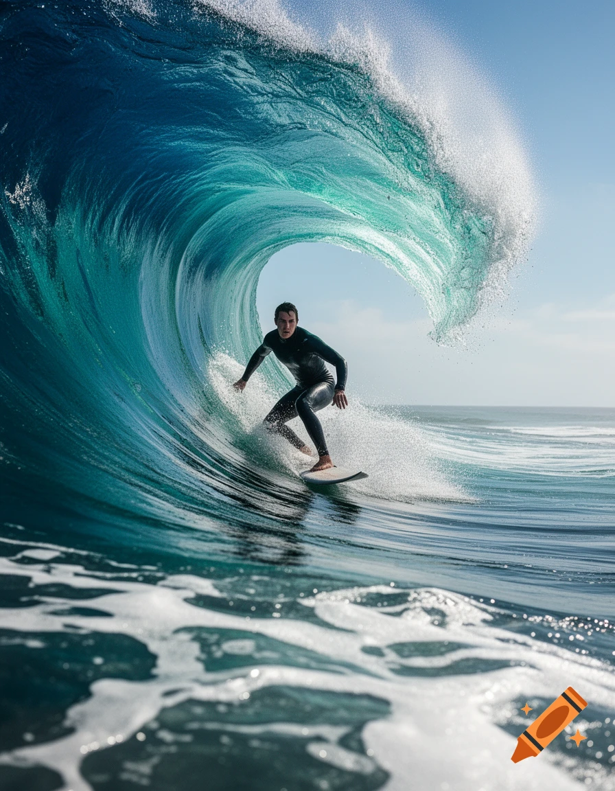 Photorealistic image of a surfer riding inside a large, curling blue ocean wave.