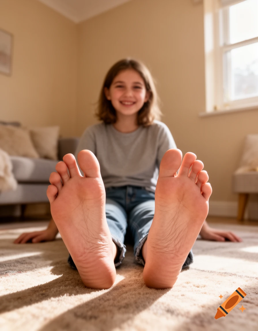 Photorealistic image of a smiling young girl sitting on a carpeted floor, showing the soles of her feet to the camera.