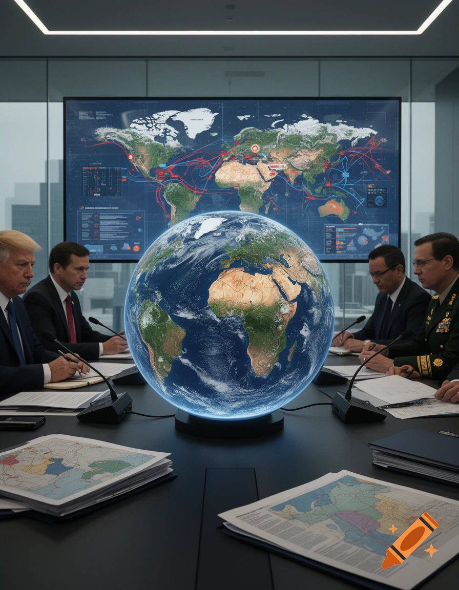 Photorealistic image of political leaders in a boardroom meeting around a glowing globe with world map displays on the wall.
