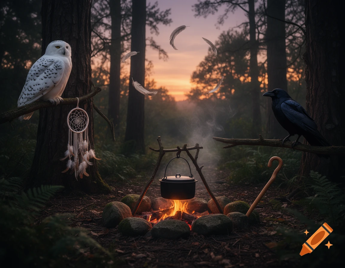 Photorealistic fantasy forest at sunset with a campfire, boiling pot, snowy owl, raven, dreamcatcher, and floating feathers.