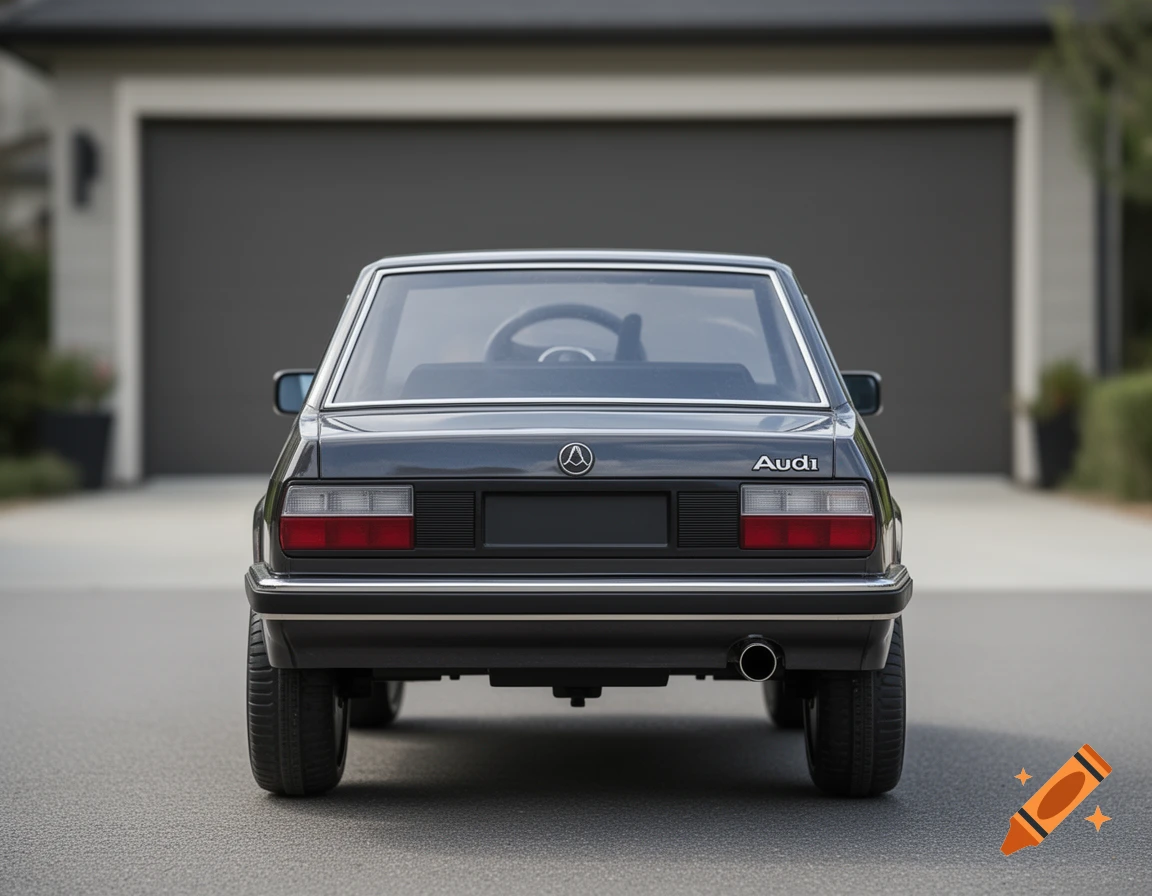 Rear view of a miniature 1982 Audi Coupe B2 children's electric car parked in a driveway in front of a garage, photorealistic.