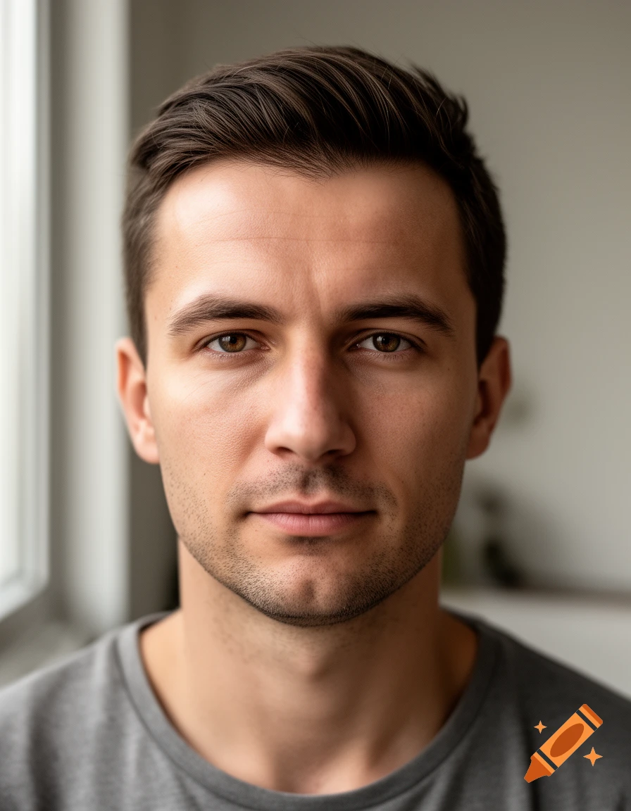Close-up photorealistic portrait of a man with short brown hair and brown eyes wearing a grey t-shirt.