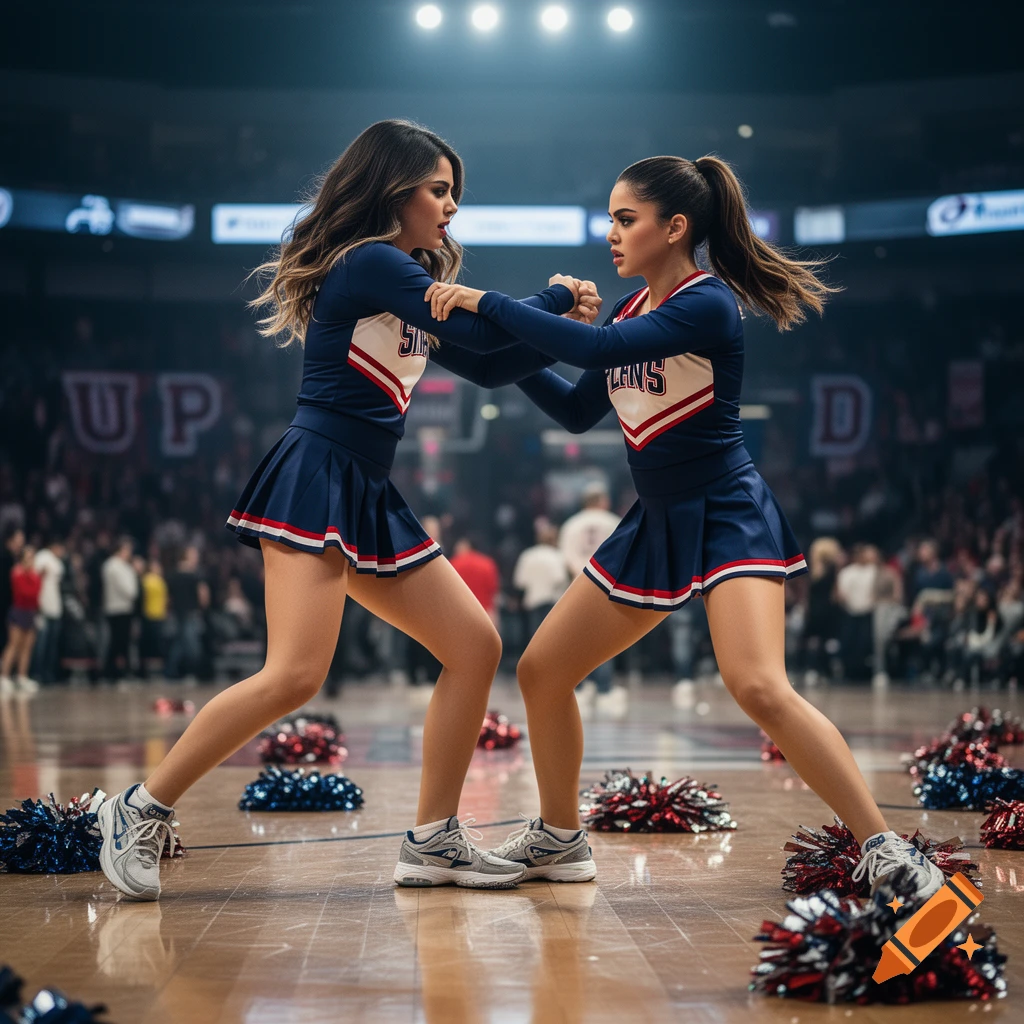 Two women in cheerleader uniforms with navy blue skirts and tops, holding pom poms in a gymnasium arena, photorealistic.