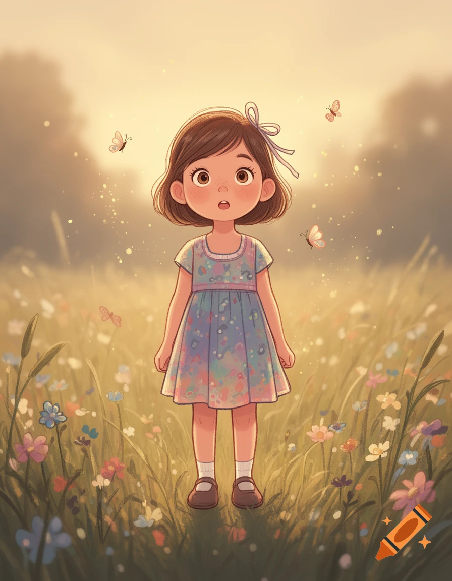 Digital illustration of a young girl with brown hair and a patterned dress standing in a sunlit grassy field with butterflies.